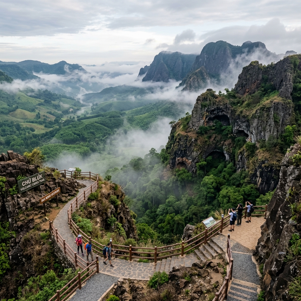 Cảnh quan Công viên địa chất Đắk Nông vùng Krông Nô với đồi núi, hang động núi lửa và rẫy cà phê trên nền đất bazan đỏ